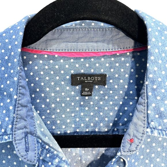 TALBOTS Women Blue Polka Dot 100% Cotton Denim Button-Up L/S Shirt Petites Sz 8P - Picture 4 of 10